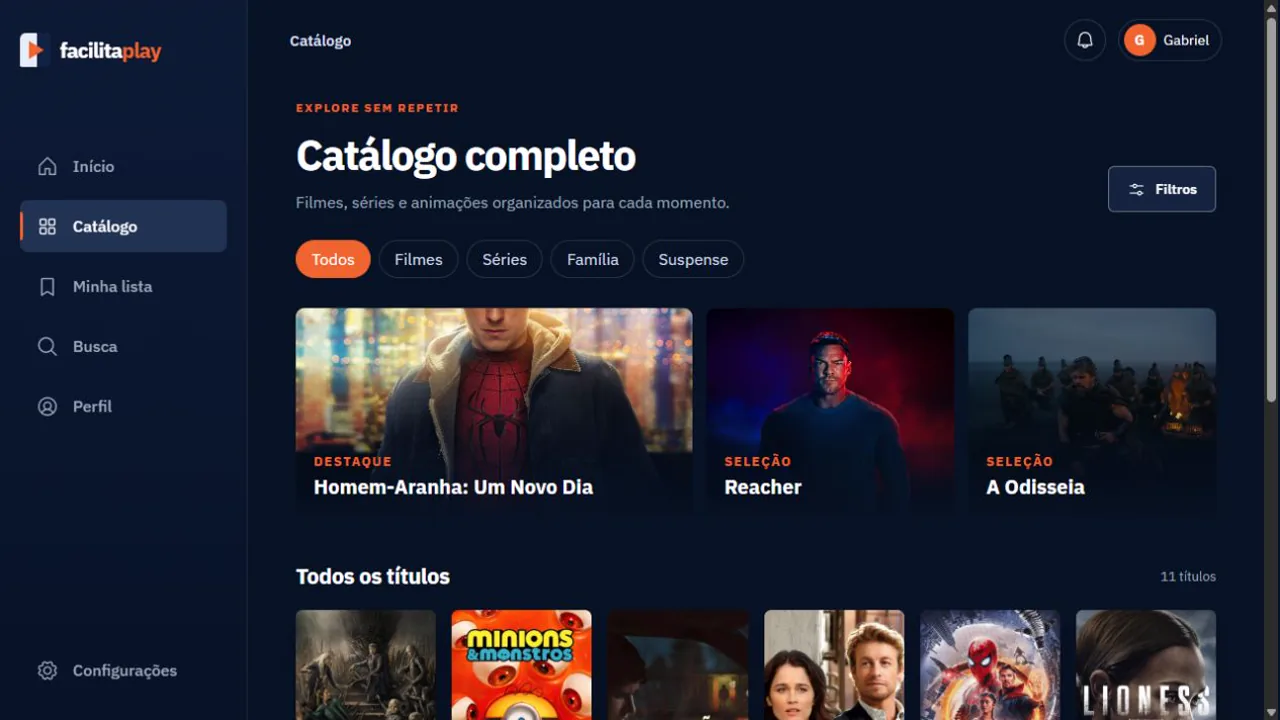 Catálogo organizado do aplicativo Facilitaplay