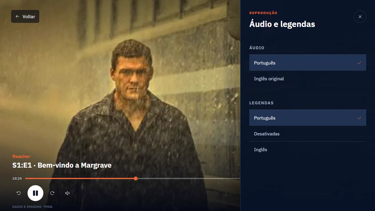 Player com opções de áudio e legendas do aplicativo Facilitaplay