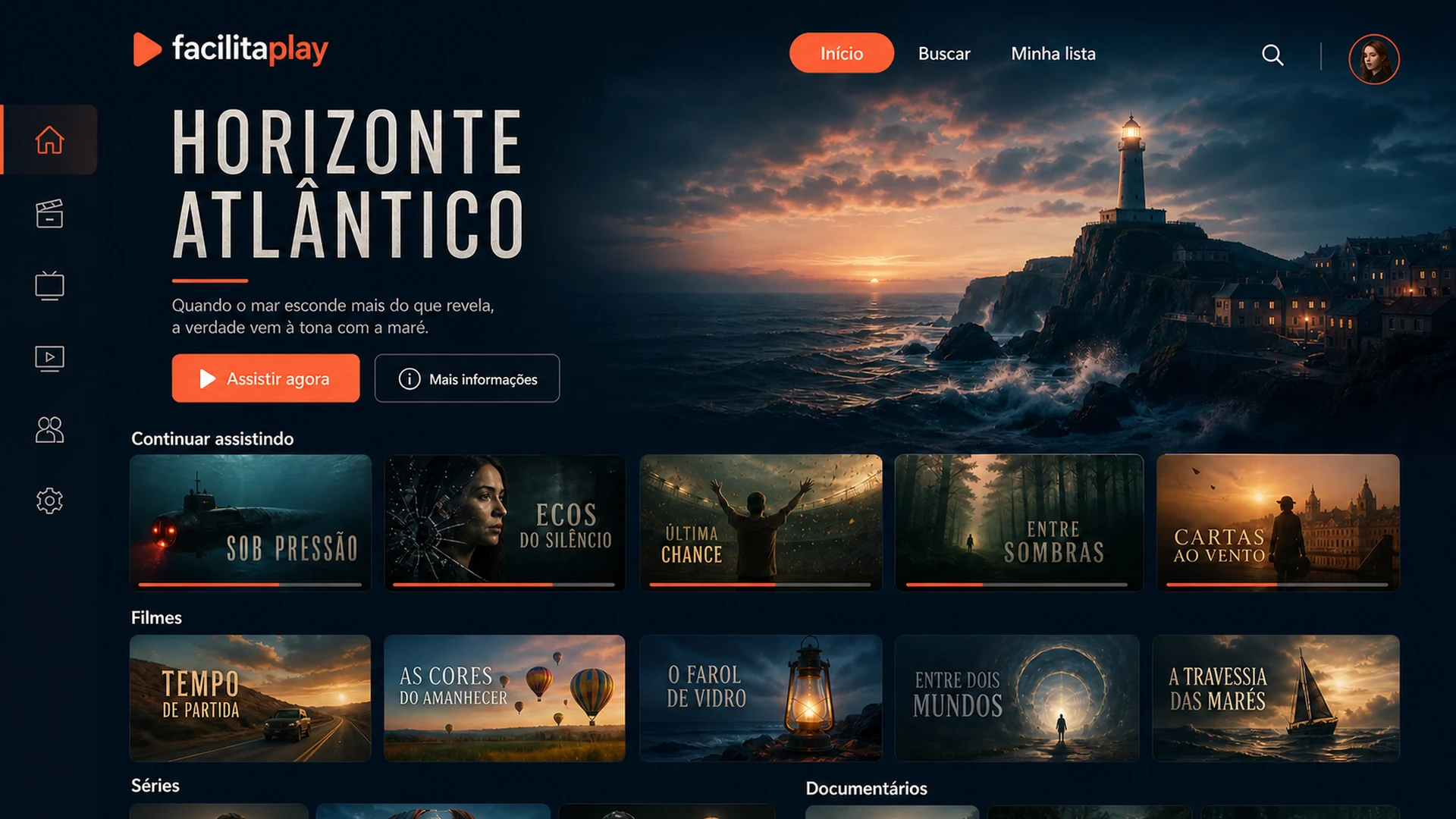 Interface do aplicativo Facilitaplay com conteúdo em destaque e catálogo organizado